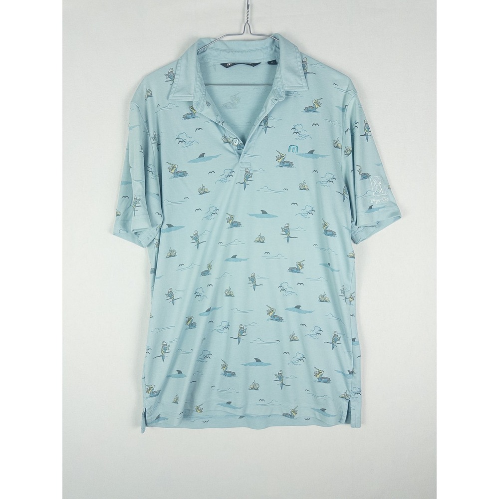 TravisMathew TPC Piper Glen Golf Polo Mens M Light Blue Allover Print Resort Cou